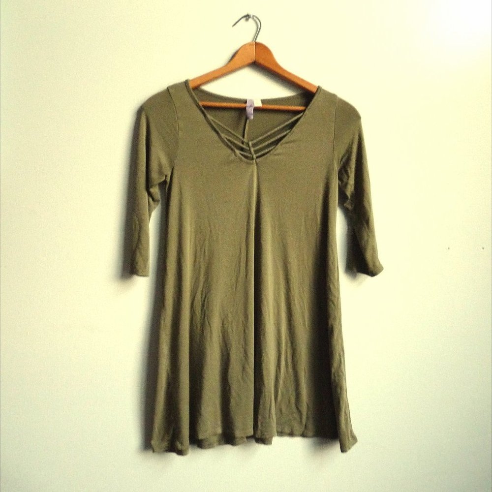 3/4 Sleeve Fit and Flare Lattice Neck Dress, Olive